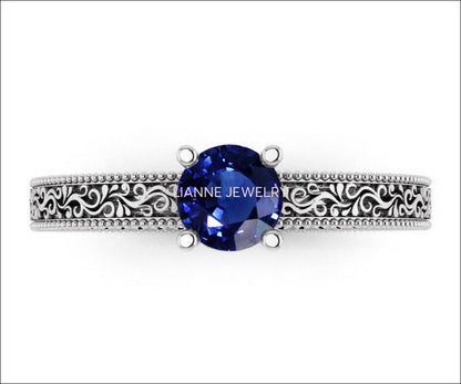 White Gold Solitaire Filigree Sapphire Ring Unique Blue Sapphire Engagement ring Milgrain Ring 18K Ring - Lianne Jewelry