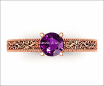 18K Rose Gold Solitaire Filigree Amethyst Ring Unique Purple Amethyst Engagement Ring  Milgrain Ring Ring - Lianne Jewelry