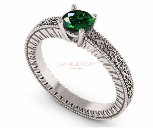 18K White Gold Solitaire Filigree Emerald Ring Unique Milgrain Engagement Ring - Lianne Jewelry