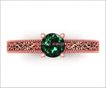 18K Rose Gold Solitaire Filigree Emerald Ring Unique Milgrain Engagement Ring - Lianne Jewelry