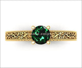 18K Rose Gold Solitaire Filigree Emerald Ring Unique Milgrain Engagement Ring - Lianne Jewelry
