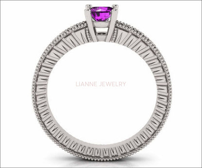 18K White Gold Solitaire Filigree Amethyst Ring Unique Purple Amethyst Engagement Ring  Milgrain Ring Ring - Lianne Jewelry