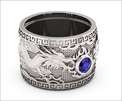 Heavy Dragon Men's Sapphire Silver Ring, Large Engraved Ring - Lianne Jewelry