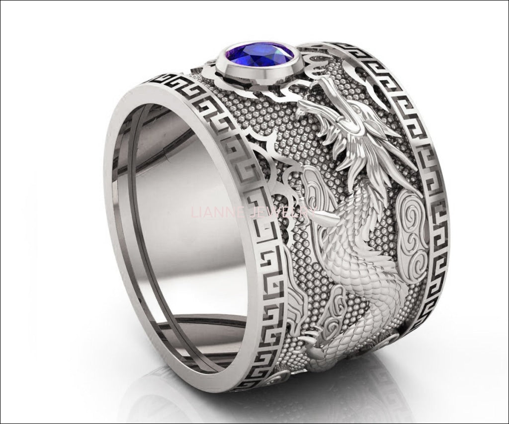 Heavy Dragon Men's Sapphire Silver Ring, Large Engraved Ring - Lianne Jewelry