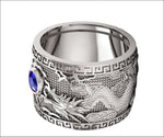 Heavy Dragon Men's Sapphire Silver Ring, Large Engraved Ring - Lianne Jewelry