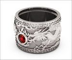 Ruby Dragon Ring with Ruby Wide Silver Mens Ring Genuine Ruby Heavy Ring Gift for Man Large Engraved Dragon Band - Lianne Jewelry