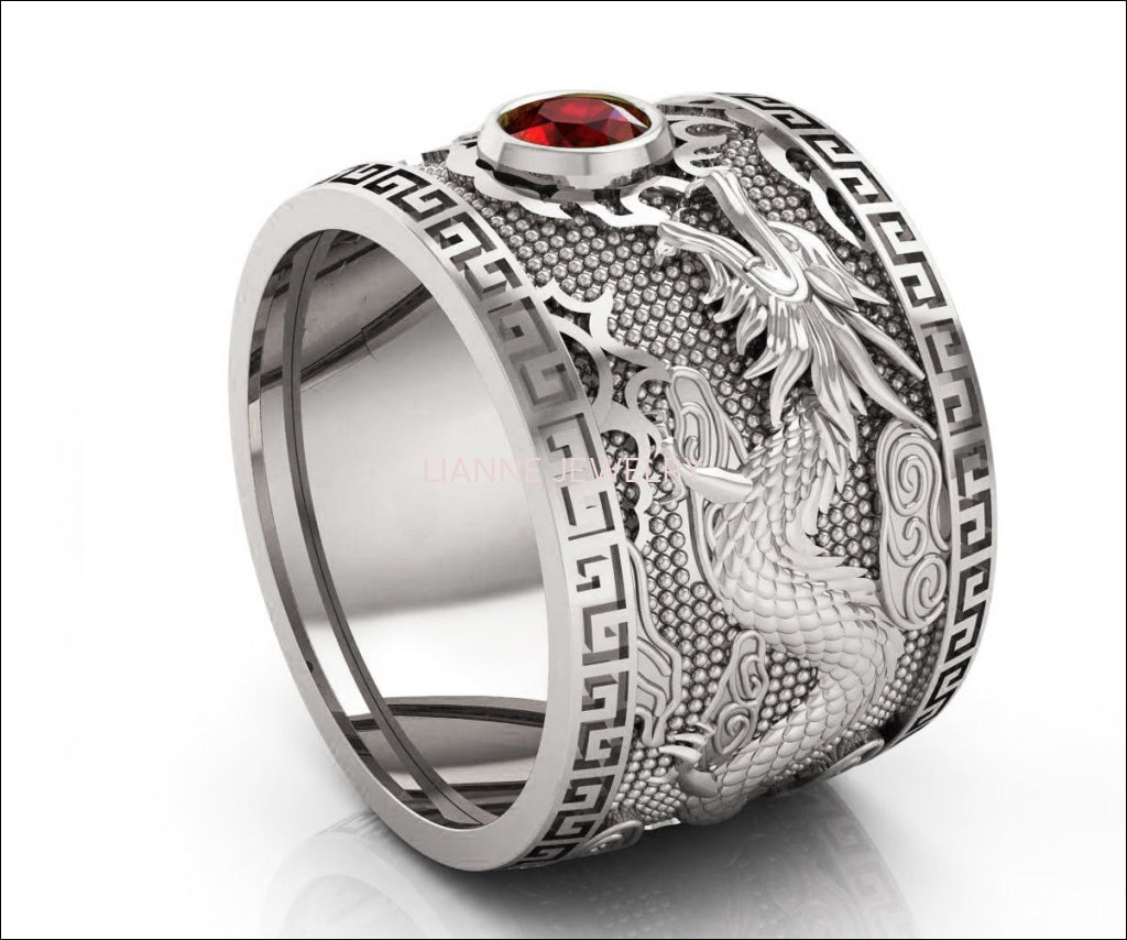 Ruby Dragon Ring with Ruby Wide Silver Mens Ring Genuine Ruby Heavy Ring Gift for Man Large Engraved Dragon Band - Lianne Jewelry