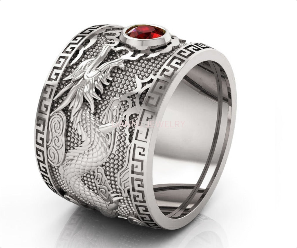 Ruby Dragon Ring with Ruby Wide Silver Mens Ring Genuine Ruby Heavy Ring Gift for Man Large Engraved Dragon Band - Lianne Jewelry