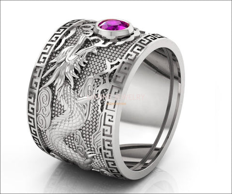 Heavy Amethyst Silver Dragon Mens Ring Genuine Purple Gemstone Ring Gift for Man Large Big Green Engraved Ring - Lianne Jewelry