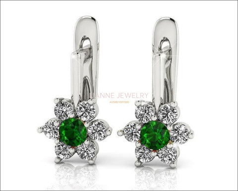 Emerald and Diamond Lever back Hoop Earrings White Gold Earrings Solid Gold Anniversary Earrings - Lianne Jewelry