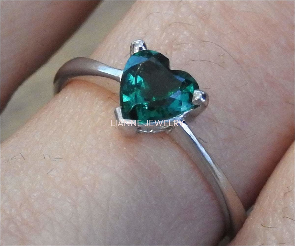 50% Liquidation SALE, Solitaire Heart Ring Silver Emerald Ring Green Heart Ring Unique Engagement Ring Lovers Ring - Lianne Jewelry