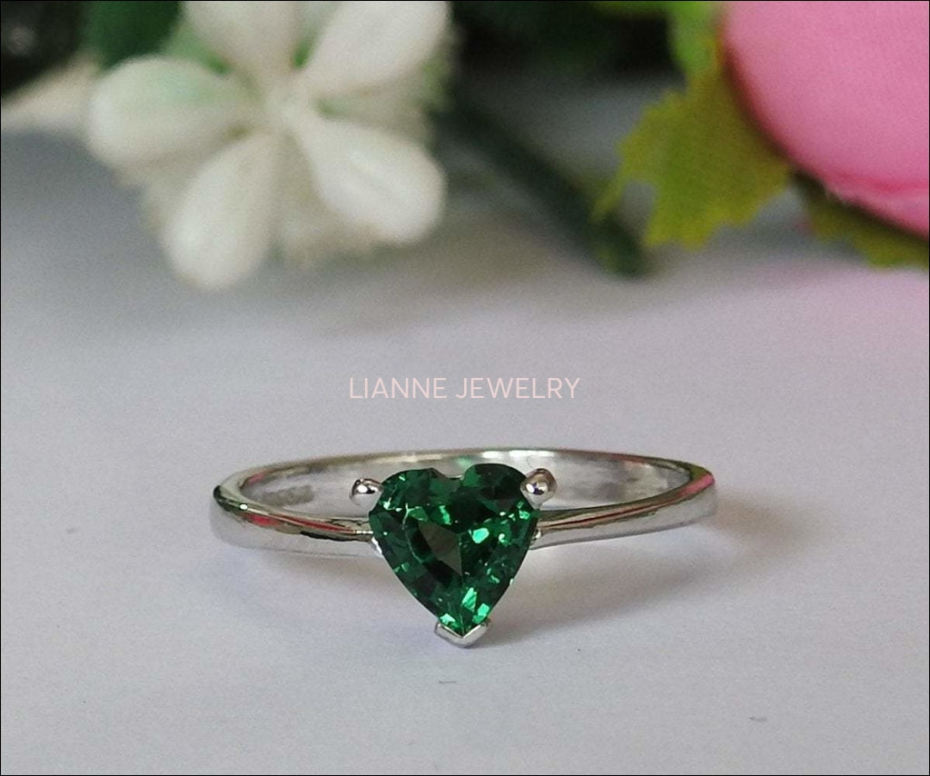 50% Liquidation SALE, Solitaire Heart Ring Silver Emerald Ring Green Heart Ring Unique Engagement Ring Lovers Ring - Lianne Jewelry