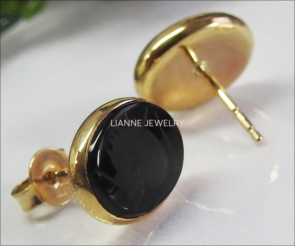 14K Stud Earrings Black Earrings Onyx Earrings Oval Intaglio Girls Earrings Birthday gift Earrings Gothic Earrings 8x6mm - Lianne Jewelry