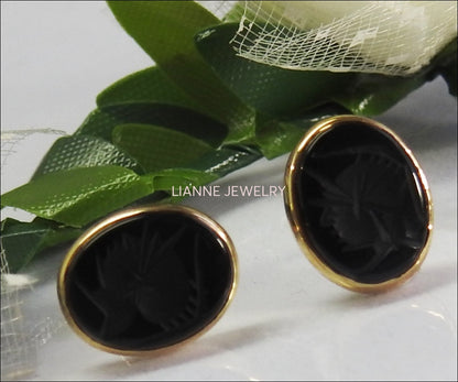 14K Stud Earrings Black Earrings Onyx Earrings Oval Intaglio Girls Earrings Birthday gift Earrings Gothic Earrings 8x6mm - Lianne Jewelry