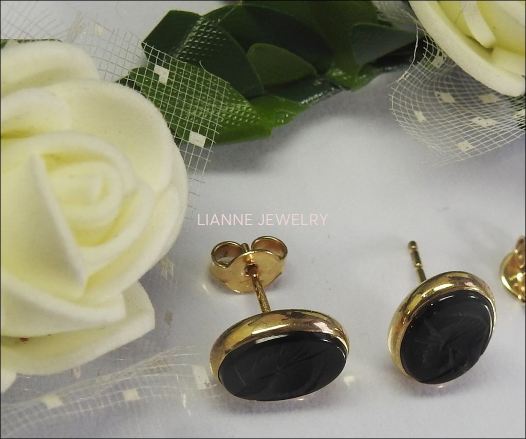 14K Stud Earrings Black Earrings Onyx Earrings Oval Intaglio Girls Earrings Birthday gift Earrings Gothic Earrings 8x6mm - Lianne Jewelry