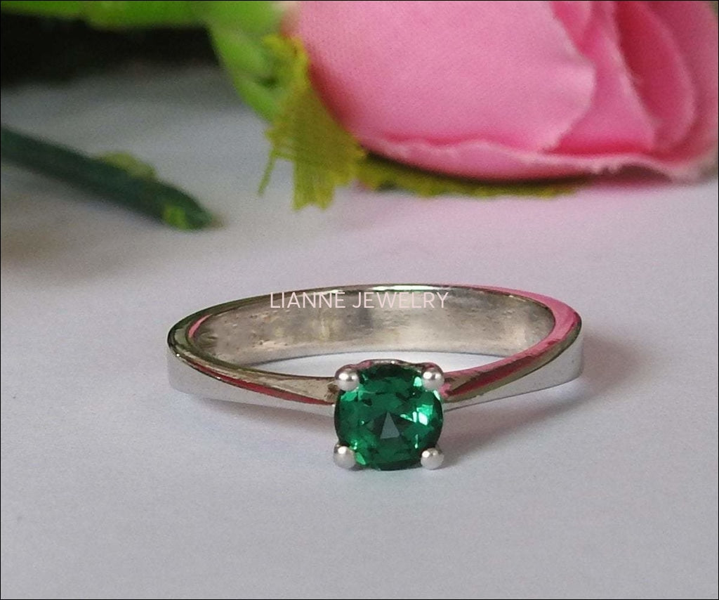 Liquidation SALE 50% Off, Solitaire Emerald Silver Ring Engagement Ring - Lianne Jewelry