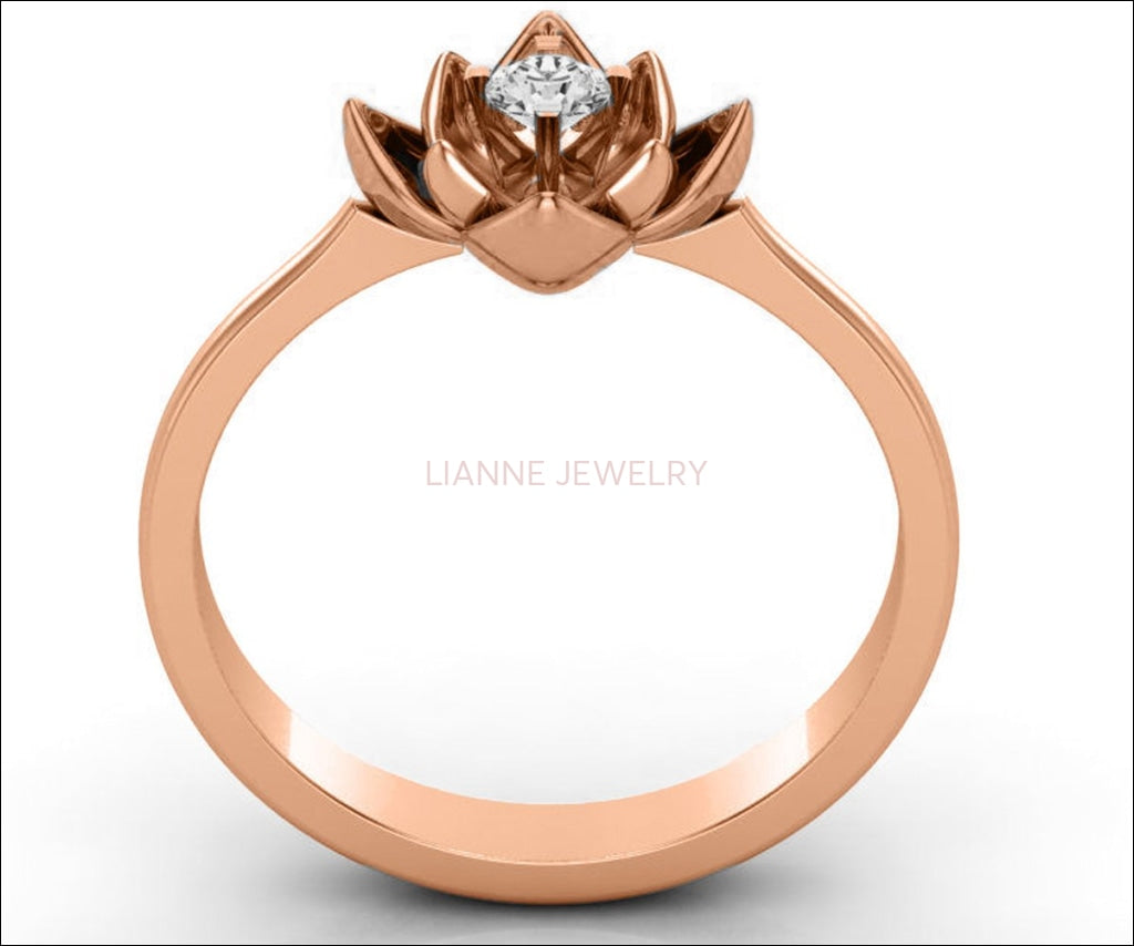 Lotus Ring, Rose Gold Flower Ring Art Nouveau unique Engagement ring Flower ring Diamond ring Floral ring 18K Yellow gold - Lianne Jewelry