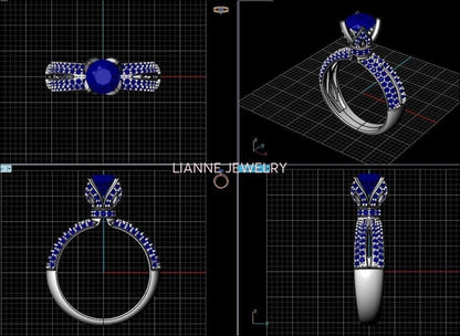 18K White Gold Sapphire Crown Ring Filigree Solitaire Blue Ring ring Unique Engagement Ring Split Shank Pave setting Ring - Lianne Jewelry