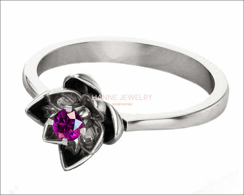 Lotus Ring, Botanical Ring Amethyst Flower Ring Lotus Ring Purple Flower Ring 18K White gold Engagement Ring - Lianne Jewelry