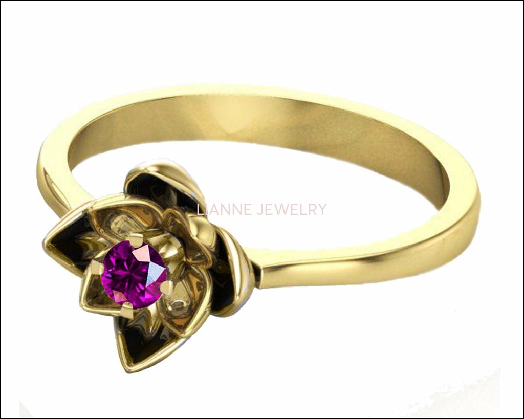 Lotus Ring, Botanical Ring Amethyst Flower Ring Lotus Ring Purple Flower Ring 18K White gold Engagement Ring - Lianne Jewelry