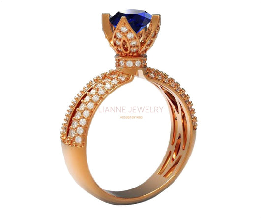 18K Rose Gold Sapphire Crown Ring Filigree Solitaire Blue Ring ring Unique Engagement Ring Split Shank Pave setting Ring - Lianne Jewelry