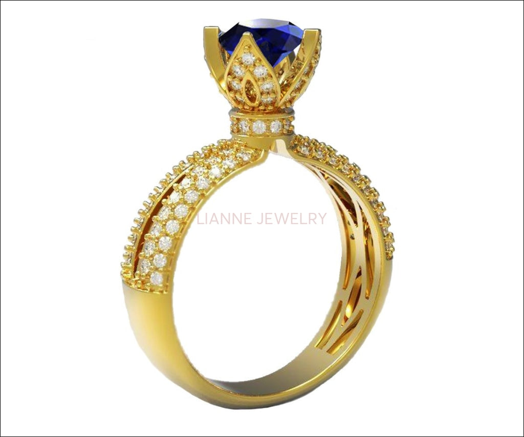 18K Rose Gold Sapphire Crown Ring Filigree Solitaire Blue Ring ring Unique Engagement Ring Split Shank Pave setting Ring - Lianne Jewelry