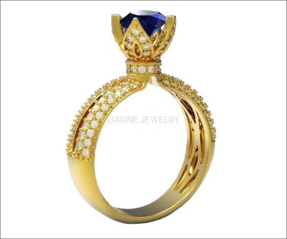 18K Rose Gold Sapphire Crown Ring Filigree Solitaire Blue Ring ring Unique Engagement Ring Split Shank Pave setting Ring - Lianne Jewelry