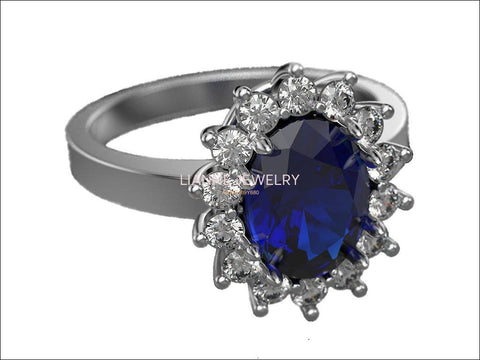 Sapphire Engagement Ring, Diana Ring, Diamonds surround Oval Blue Sapphire, Vintage style Ring - Lianne Jewelry