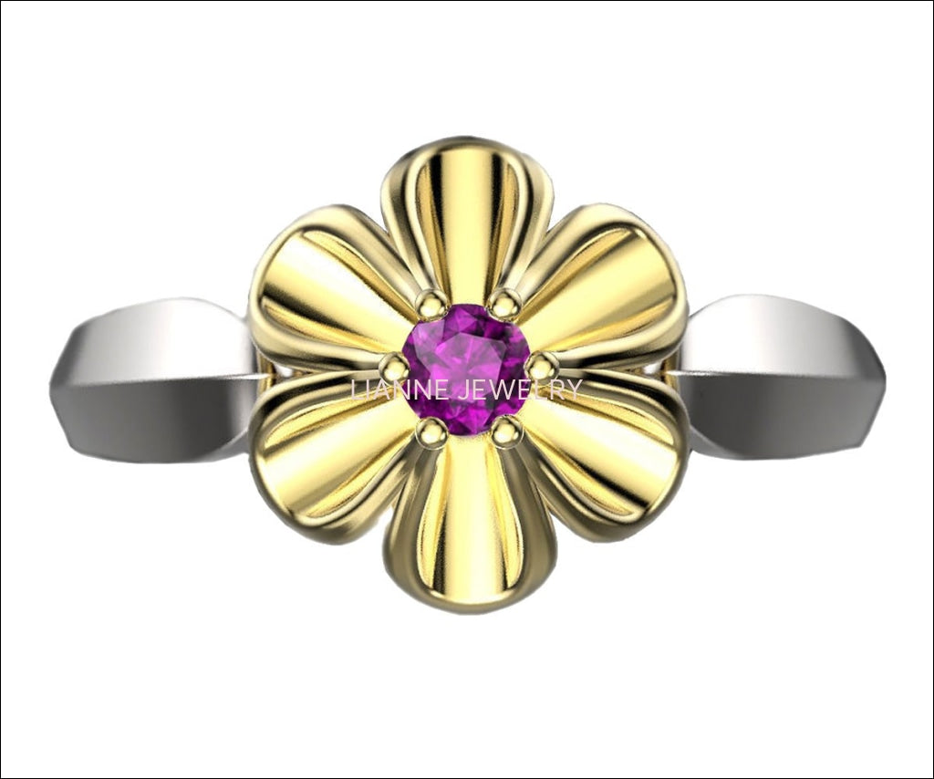 2 Tone Flower Ring with Amethyst Leaves Ring Promise Ring Unique Engagement Ring Floral ring Birthday Gift For Her in 18K Gold - Lianne Jewelry