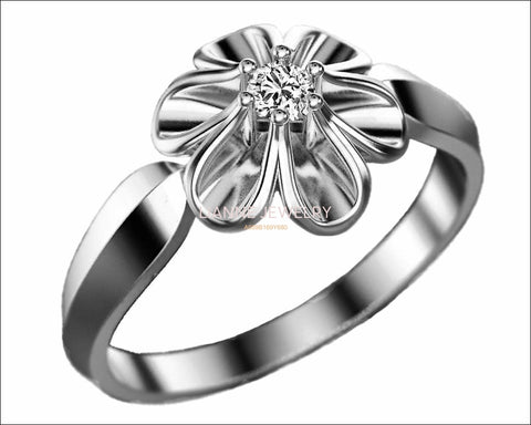 18K White gold Flower Ring Solitaire Flower Ring Leaves Ring Promise Ring Unique Engagement Ring - Lianne Jewelry