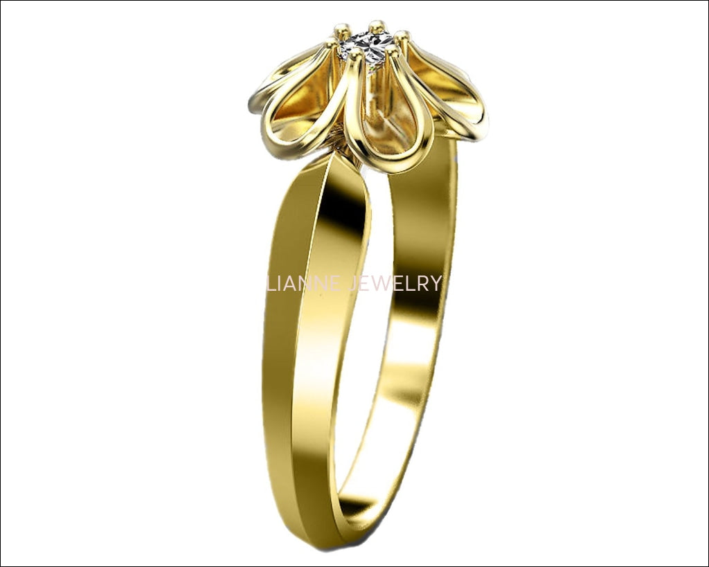 14k Gold Diamond Engagement Ring, Unique Sunflower Wedding Ring, Flower Engagement Ring, Sunflower Ring, Floral Diamond Ring - Lianne Jewelry