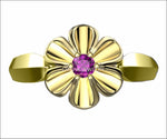 18K Yellow gold Flower Ring with Amethyst Solitaire Flower Ring Leaves Ring Promise Ring Unique Engagement Ring - Lianne Jewelry