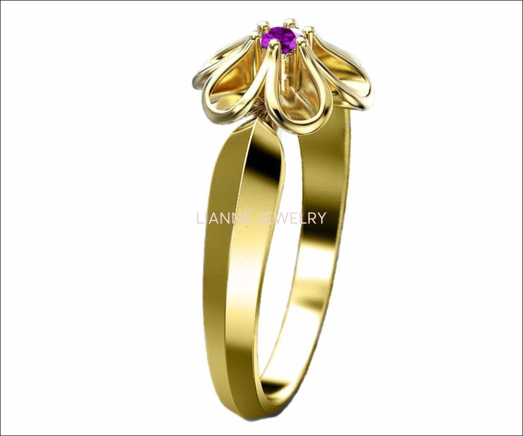 18K Yellow gold Flower Ring with Amethyst Solitaire Flower Ring Leaves Ring Promise Ring Unique Engagement Ring - Lianne Jewelry