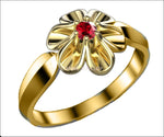 18K Yellow gold Flower Ring with Ruby Solitaire Flower Ring Leaves Ring Promise Ring Unique Engagement Ring - Lianne Jewelry