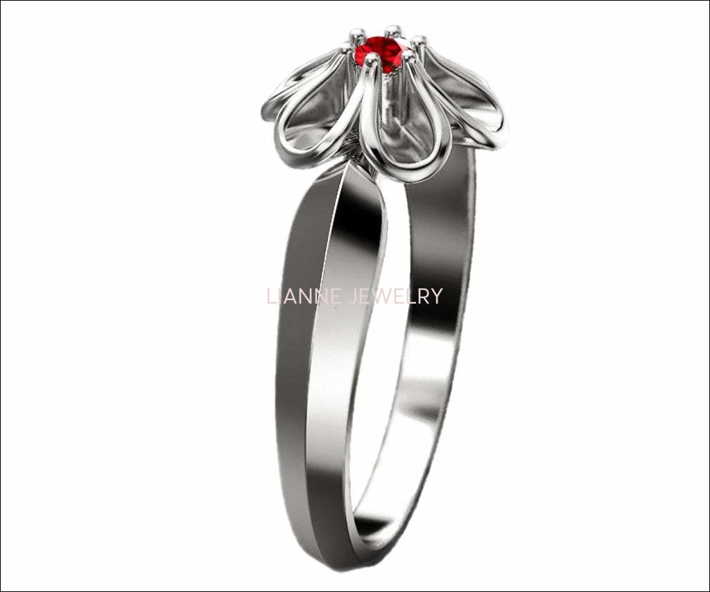 Leaves Engagement Ring 18K White gold Flower Ring with Ruby Solitaire Flower Ring Leaves Ring Promise Ring Unique Engagement Ring - Lianne Jewelry