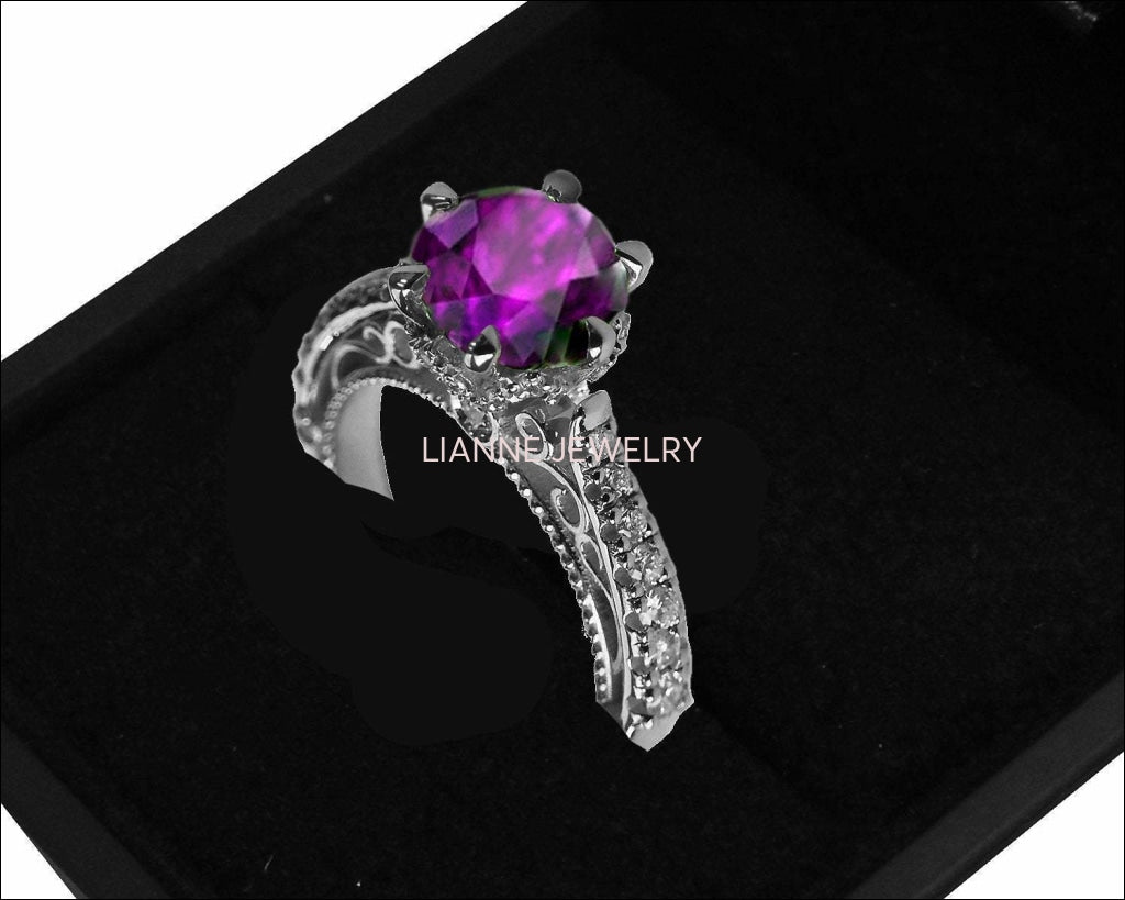 18K Amethyst Edwardian Filigree Flower Unique Diamond Engagement Ring 6 prongs - Lianne Jewelry