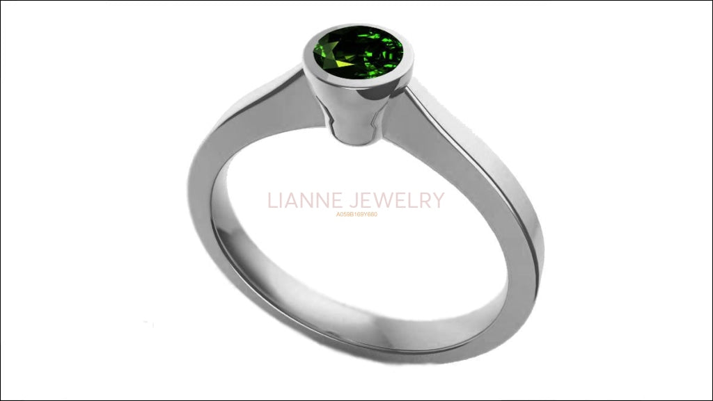 Emerald Solitaire Ring Bezel set 14K White Gold Emerald ring Green Ring Unique Engagement Ring Minimalist Ring - Lianne Jewelry