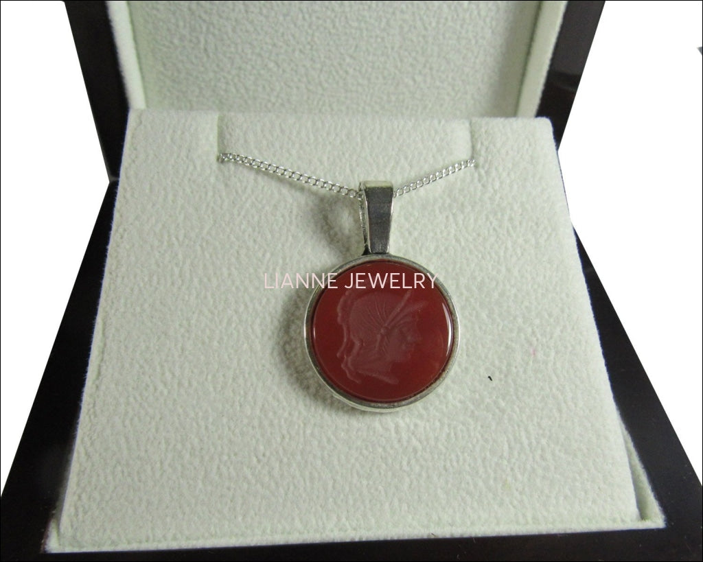 Round Carnelian Pendant Intaglio 18mm Tibetan Silver Antique Silver including chain - Lianne Jewelry