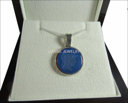 Round Blue Agate Pendant Intaglio 18mm Tibetan Silver Antique Silver including chain - Lianne Jewelry