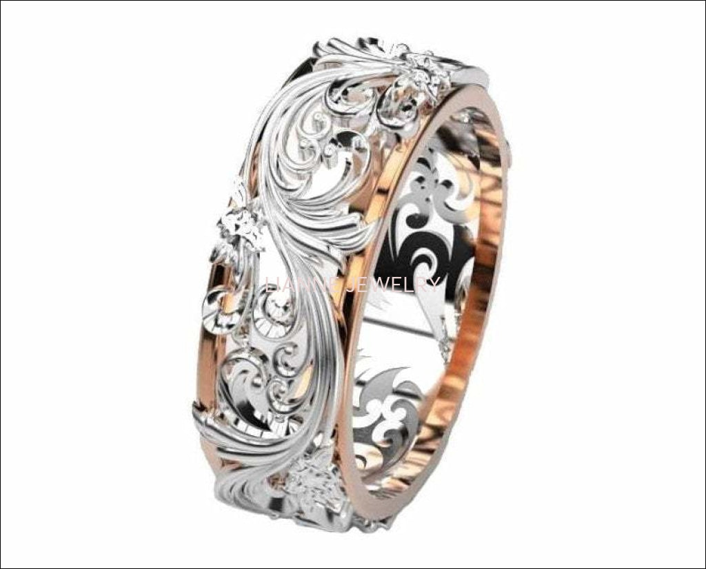 2 Tone Rose Gold White Leaves Wedding Band 18K Gold Milgrain Band Ring Promise Band - Lianne Jewelry