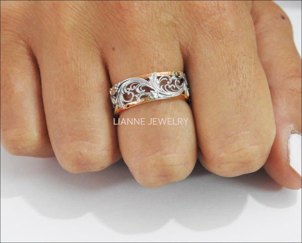 2 Tone Rose Gold White Leaves Wedding Band 18K Gold Milgrain Band Ring Promise Band - Lianne Jewelry