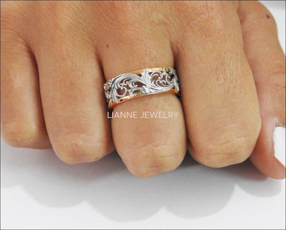 2 Tone Rose Gold White Leaves Wedding Band 18K Gold Milgrain Band Ring Promise Band - Lianne Jewelry