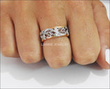 2 Tone Rose Gold White Leaves Wedding Band 18K Gold Milgrain Band Ring Promise Band - Lianne Jewelry