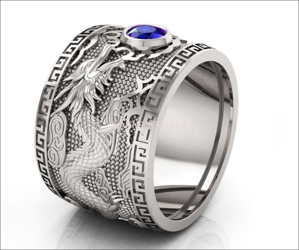 Heavy Dragon Men's Sapphire Silver Ring, Large Engraved Ring - Lianne Jewelry