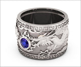 Heavy Dragon Men's Sapphire Silver Ring, Large Engraved Ring - Lianne Jewelry