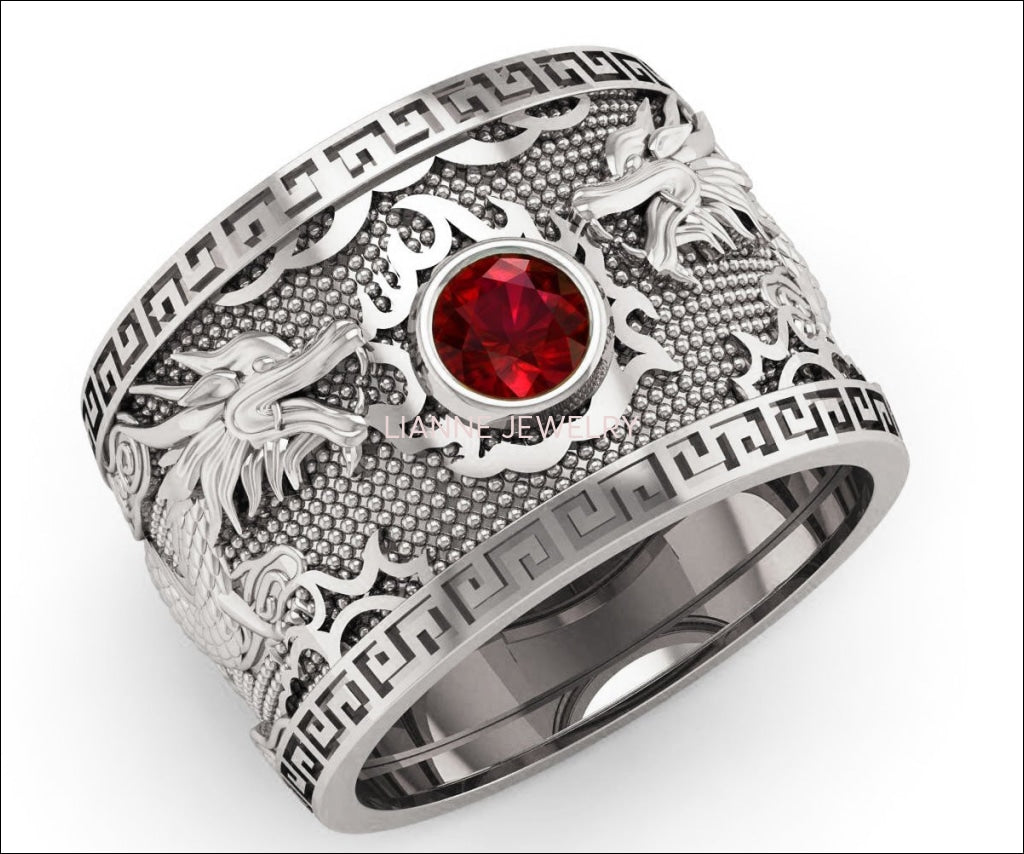 Ruby Dragon Ring with Ruby Wide Silver Mens Ring Genuine Ruby Heavy Ring Gift for Man Large Engraved Dragon Band - Lianne Jewelry