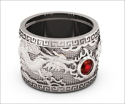 Ruby Dragon Ring with Ruby Wide Silver Mens Ring Genuine Ruby Heavy Ring Gift for Man Large Engraved Dragon Band - Lianne Jewelry