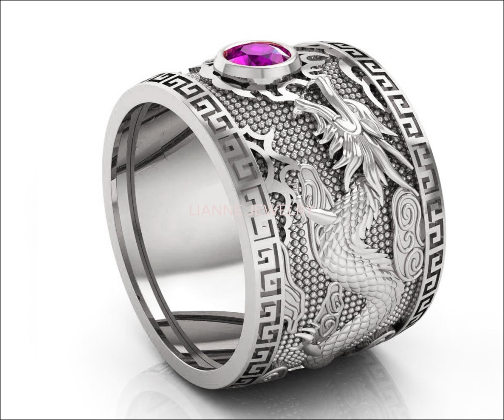 Heavy Amethyst Silver Dragon Mens Ring Genuine Purple Gemstone Ring Gift for Man Large Big Green Engraved Ring - Lianne Jewelry