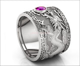 Heavy Amethyst Silver Dragon Mens Ring Genuine Purple Gemstone Ring Gift for Man Large Big Green Engraved Ring - Lianne Jewelry