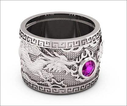 Heavy Amethyst Silver Dragon Mens Ring Genuine Purple Gemstone Ring Gift for Man Large Big Green Engraved Ring - Lianne Jewelry